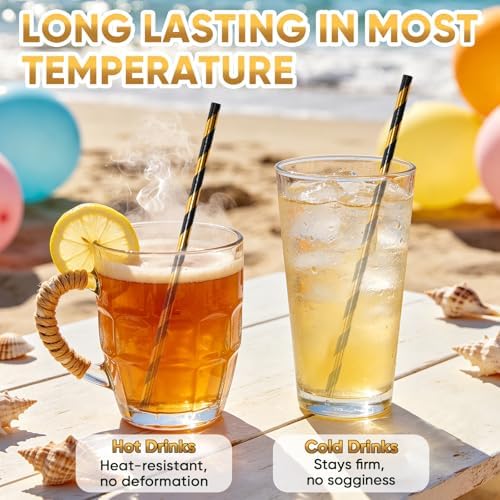 100 Black Gold Striped Paper Drinking Straws – 7.75 inch Disposable Drinking Straws for Cocktail, Halloween, Christmas, Party Supplies & Decorations