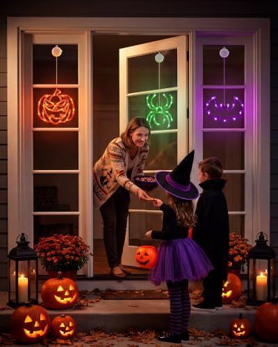 Minetom 3 Pack Halloween Windows Lights - Pumpkin, Spider, Bat with Timer