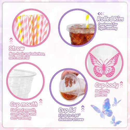 Whaline 60Pcs Butterfly Disposable Plastic Cups with Lids and Straws Pink Purple Blue Butterfly Cold Beverage Drinking Cups for Wedding Birthday Baby Shower