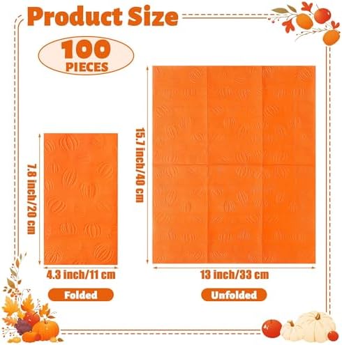 Kochorie 100 Pieces Thanksgiving Fall Pumpkin Napkins Disposable Paper Decorative Guest Party Napkins 7.8 x 4.3 Inch Autumn Harvest Orange Pumpkin Hand Towels for Fall Thanksgiving Dinner Party Decor