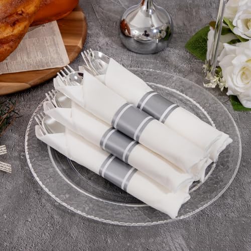 400PCS Silver Wrapped Silverware Set Disposable Hammered for Wedding