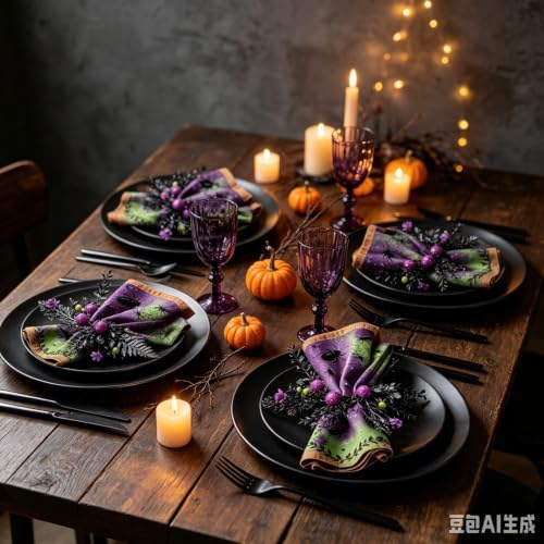 12 Pcs Halloween Spooky Beetle Spider Napkin Rings Artificial Black Foliage Purple Glitter Ball Green Bead Purple Flower Wreath Napkin Ring Holder Buckles for Halloween Gothic Dinner Haunted House