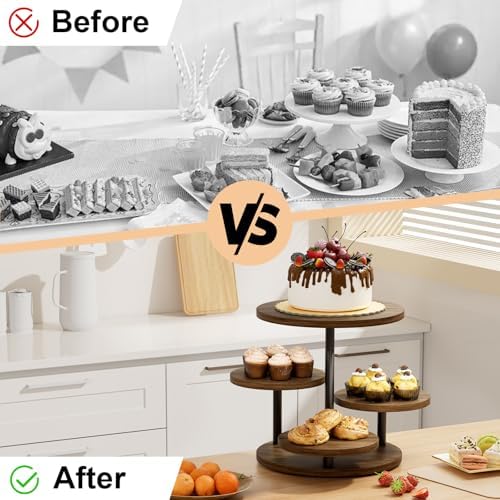 Cupcake Holder for 50 Cupcakes Wood Cake Stand with 4 Tiered Serving Tray 360°Rotating Dessert Stands Round Cookie Trays for Parties Wedding Baby Shower Afternoon Tea Dessert Table, Walnut