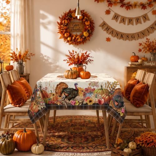 Thanksgiving Tablecloth Square 60x60 Inch, Stain Resistant Machine Washable Fabric Polyester Turkey Harvest Table Cloth Square Thanksgiving Tablecloth Table Cover for Kitchen Dining Party