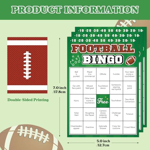 Football Bingo Game Cards - 24 Sheet, Party Favors for Super Bowl, Tailgate, Birthday Party, Family Game Night Activities