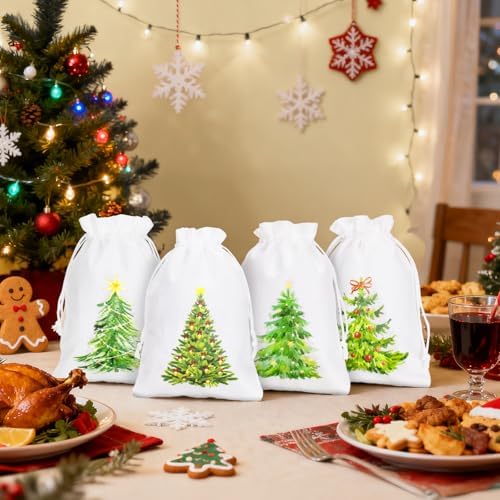 G2PLUS 24Pcs Christmas Drawstring Burlap Gift Bags - 5X7 In Christmas Advent Calendar Bags, 4 Design Xmas Tree Burlap Bag, White Treat Goody Bag for Xmas Holiday Party Favors