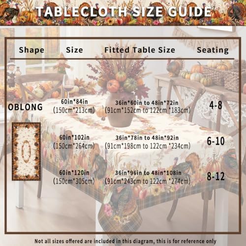 Thanksgiving Plaid Tablecloth Rectangle 60 x 84 Inch, Stain Resistant Machine Washable Fabric Polyester Turkey Harvest Tablecloths Rectangular Thanksgiving Table Cloth Rectangle Table Cover