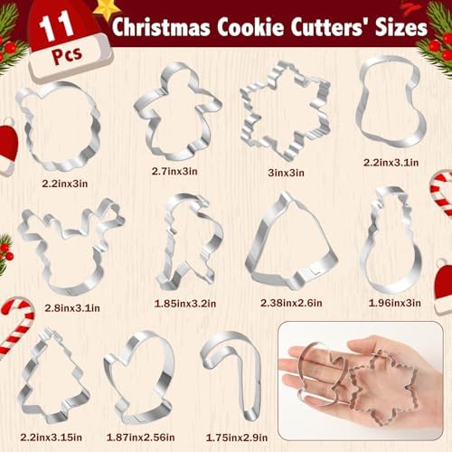 Christmas Cookie Cutters, 11 pieces Cookie Cutters Shape Set Stainless Steel Biscuit Cutters Mold with Snowflake, Snowman, Bell and More for DIY Christmas Food Party Baking Decorations Supplies