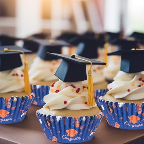 Whaline 300 Pcs Graduation Cupcake Liners Paper Baking Cups Orange Blue Congrats Graduation Cap Muffin Holders Wrappers for College High School Grad Party Decor Supplies, 2 x 1.2 Inch
