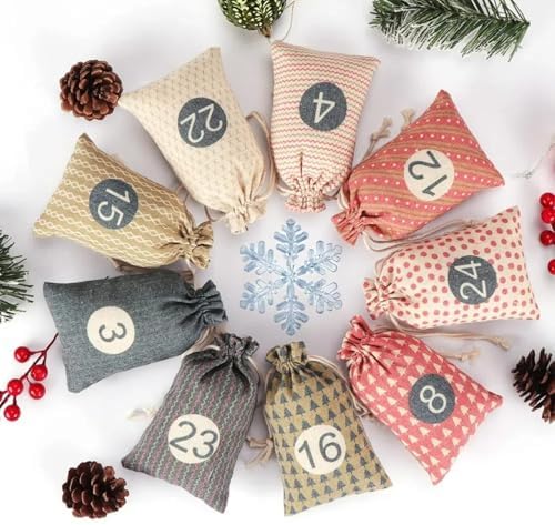 Christmas Advent Calendar Bags, 24 Days Countdown Calendar Burlap bags Hanging Advent Calendar Gift Favors for Xmas Decorations, Reusable Fabric Bags With Drawstring Closure(retro country style)