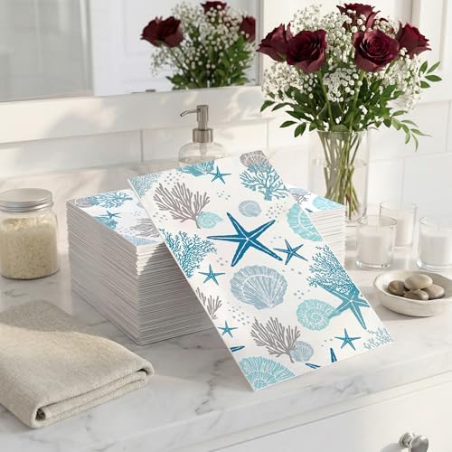 200 Pcs Coastal Beach Paper Napkins Disposable Hand Towels Blue Starfish Seashell Coral Nautical Ocean Guest Napkins for Bathroom Wedding Summer Guest Napkin Party Decor