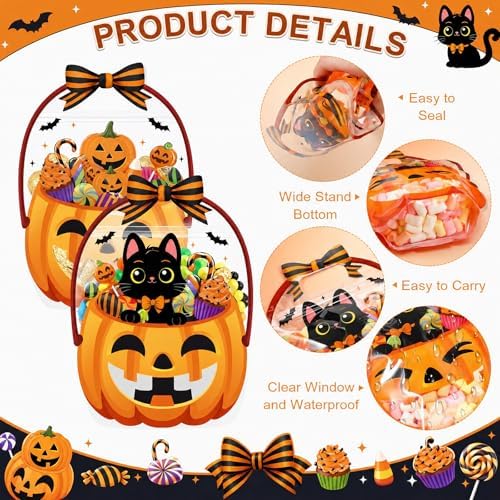 Fuutreo 25 Pcs Halloween Treat Bags with Handles, Black Cat Plastic