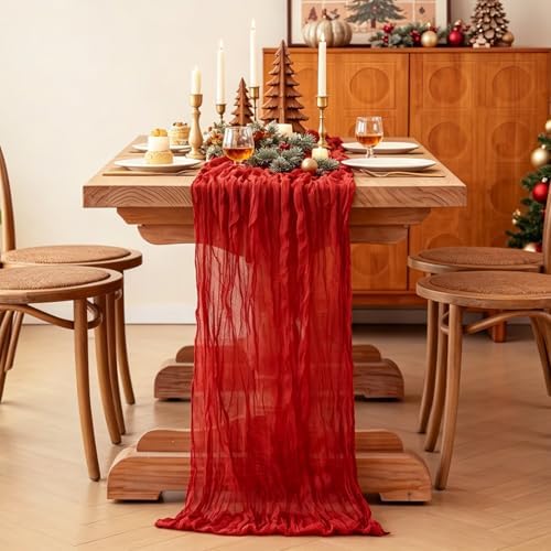 3Pcs Red Table Runner, 10FT Rustic Gauze Red Table Runner 35*120inch Boho Table Runners for Wedding Bridal Shower Birthday Baby Shower Table Centerpiece Decorations