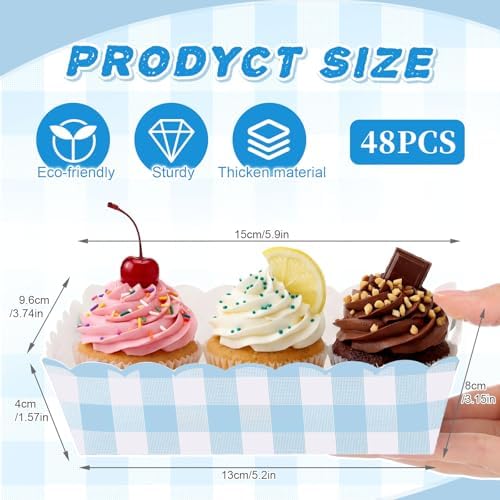 Funnymoom 48 Pcs Gingham Party Supplies Light Blue Plaid Paper Food Trays