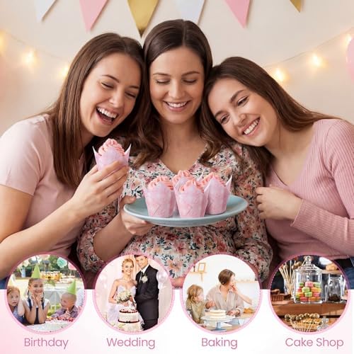 Maxdot 200 Pcs Daisy Bow Tulip Cupcake Liners for Baking Coquette Bow Daisy Paper Muffin Baking Cups Pink Floral Tulip Muffin Liners Wrappers for Wedding Bachelorette Bridal Showers Birthday Party