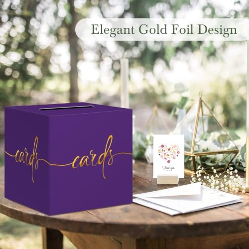 Purple Card Box with Gold Foil Design, Paperboard 8.7" Gift Card Holder for Wedding Graduation Birthday Party Reception Retirement Anniversary Bridal & Baby Shower
