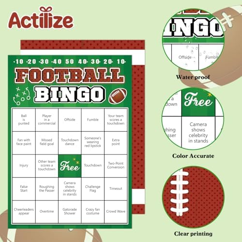 Football Bingo Game Cards - 24 Sheet, Party Favors for Super Bowl, Tailgate, Birthday Party, Family Game Night Activities