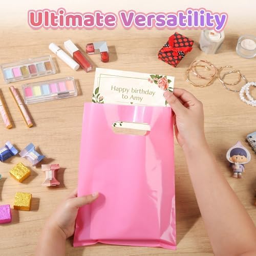 VieFantaisie 50 PCS Party Favor Bags, 8" x 11" Goodie Bag for Candy Treat Crafts, Plastic Gift Bags Bulk with Handle for Birthday Party, School Events, Thanksgiving, Christmas, Halloween, 10 Colors