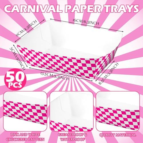 Geosar 100 Pcs Gingham Paper Food Tray with Wax Paper,Fuchsia White