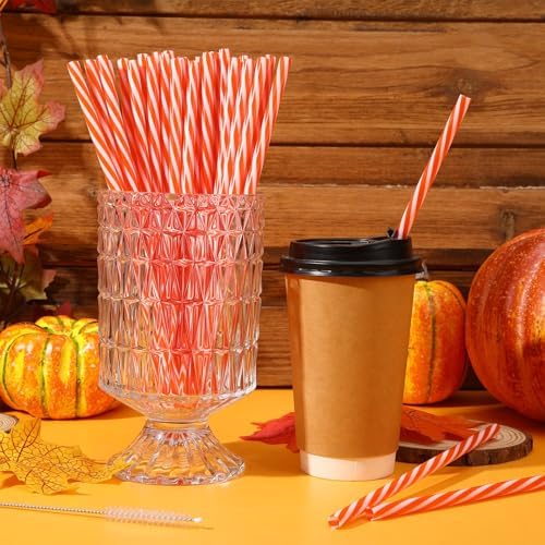 JANYUN 30 Pcs Reusable Orange and White Striped Straws with Cleaning Brush