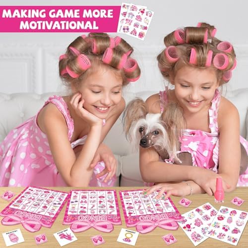 39 Pcs Pink Bow Party Bingo Game for Adults Kids 24 Players Pink Girls Party Bingo Game Cards with Reward Stickers for Family Friends Large Group Gathering Bachelorette Princess Doll Party Favors