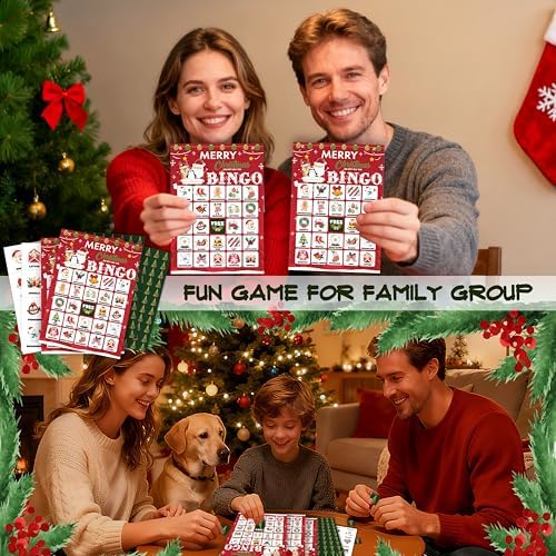 24-Person Christmas Bingo Cards, Watercolor Reindeer Xmas Party Card Game, Red Santa Claus Bingo Game for Family Large Group Activities, Winter Holiday Party Supplies