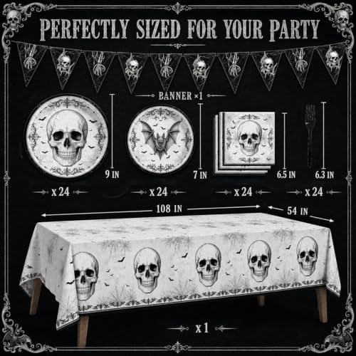 98Pcs Halloween Party Decorations-Black Skull Tableware Kit for 24