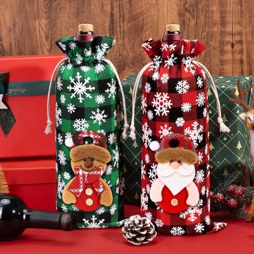 8Pcs Christmas Wine Gift Bags, Buffalo Plaid Drawstring Wine Bottle Covers