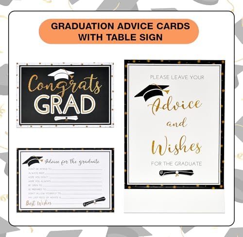Gift Boutique 50 Graduation Advice Cards Double Sided with Table Sign Black and Gold Grad Party Guest Book Alternative