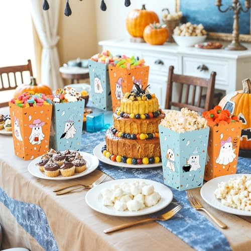 K KUMEED 24 PCS Halloween Popcorn Favor Boxes,Cute Ghost Popcorn Bowls Popcorn Buckets Candy Bags Boo Theme Cookie Container for Kids Halloween Party Supplies (Blue&Orange)