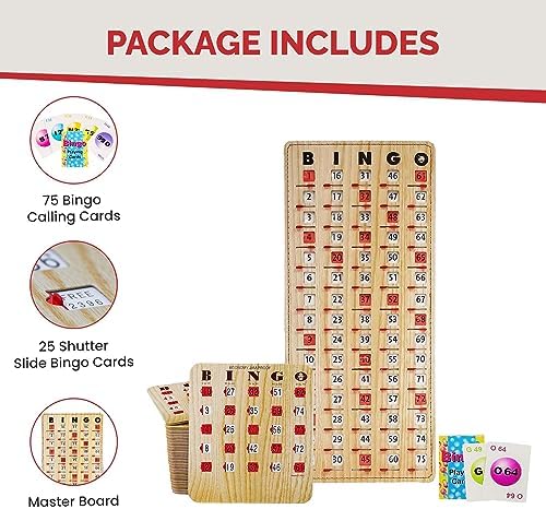 MR CHIPS Jam-Proof Bingo Cards with Sliding Windows, 25 Reusable Shutter Cards, 75 Calling Cards 1 Master Board in Tan Woodgrain Style