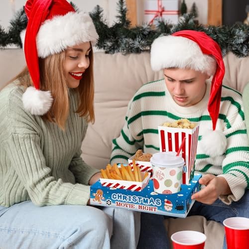 Bokon 172 Pcs/ 24 Sets of Christmas Movie Night Snack Trays 3 Sizes Snack Boxes, 16 oz Disposable Drinks Cups, 50 Straws, Complimentary Sealing Stickers for Cinema Party Decoration Family Gatherings