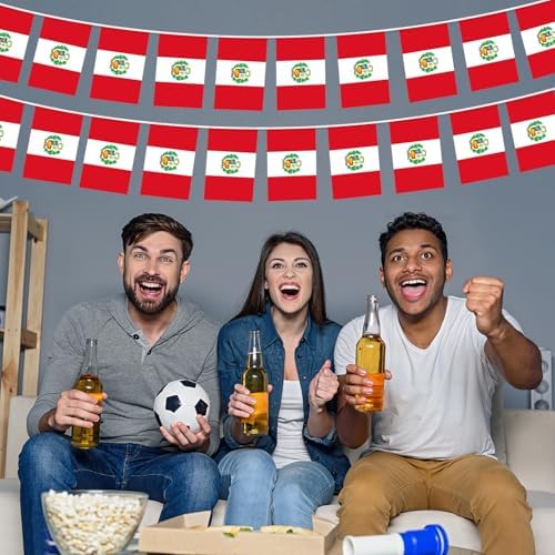 AhfuLife 30 Pcs Peru String Flags for Independence Day Decorations, Small Peruvian Flag Bunting Banner - Double Sided for National Day Festival Party Decorations (5.5×8.3 Inch-33 Ft)