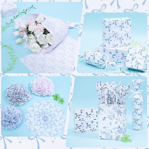 Larcenciel Bow Gift Wrapping Tissue Paper, Coquette Bow Pattern in Blue Pink Black, Pretty Tissue Paper for Gift Bags Craft Art Packaging Supplies for Birthday Wedding Holiday Decor, 60 Sheets 20x14in
