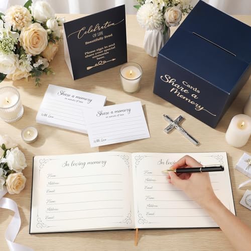 Engrowtic 64 Pcs Guest Book Set Funeral Guest Book Memorial Service, Blue