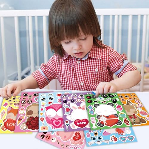 32 Sheets Valentine Stickers for Kids, Valentine's Day Make a Face Stickers, Make Your Own Stickers 8 Designs of Animal Owl Rabbit Bear Stickers for Boys Girls