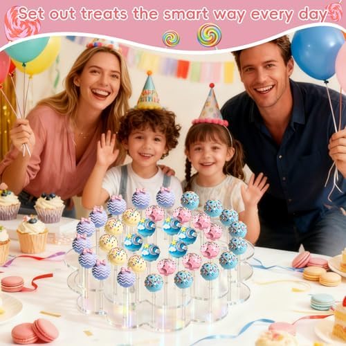 Flower Shape Acrylic Lollipop Stand 36 Holes, Cake Pop Holder with 100 Sticks, 100 Wrappers, 100 Gold Twist Ties, Clear Candy Dessert Display Rack for Christmas Weddings, Birthdays, Baby Showers