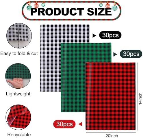 BEISHIDA 90 Sheets Christmas Gingham Tissue Paper Bulk,Red Green Black Buffalo Plaid Wrapping Tissue Paper for Gift Bags, 14 x 20 Inch Gift Wrap for Party Decoration DIY Crafts Decor Holiday Flowers