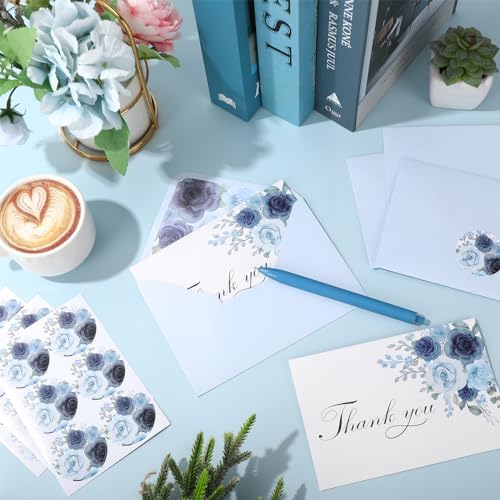 Whaline 36Pcs Dusty Blue Floral Thank You Cards with Envelopes and Stickers Blue Rose Greeting Cards Blank Note Cards for Weddings Bridal Shower Baby Shower
