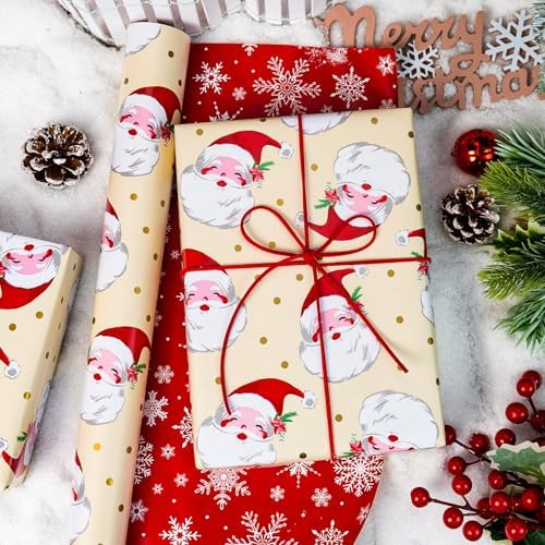 Yarcony Reversible Christmas Wrapping Paper, Santa Wrapping Paper, Cute Vintage Beige Santa Claus, Gold Dot and Snowflake Pattern Christmas Gift Wrap for Winter Holiday (Mini Roll, 17 Inch X 33 Feet)