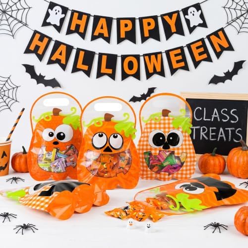 HOIIOH 60 Pack Halloween Pumpkin Treat Bags with Handles & Zipper