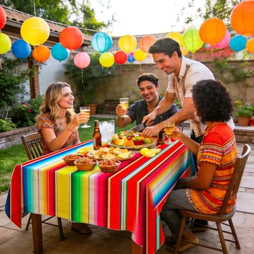 4 PCS Mexican Fiesta Plastic Tablecloth 108 x 54 Inch Mexican Striped Disposable Table Covers Waterproof Cinco De Mayo Rectangle Party Table Cloth for Fiesta Taco Mexico Themed Birthday Party Supplies