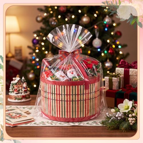 Weysat 6 Set Baskets for Gifts Empty Bulk, Large Woven Bamboo Gift Basket Kit with Handles, Bow, Wrap Bag to Fill for Raffle Thanksgiving Day Wedding Birthdays Party Wrapping (Red and Green)