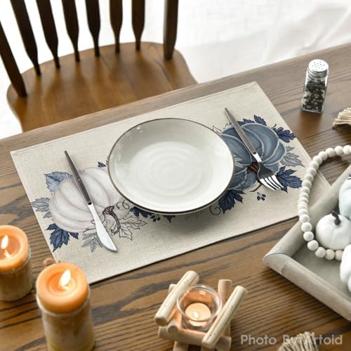 Artoid Mode Navy Blue Pumpkins Fall Placemats Set of 6-12 x 18 Inch