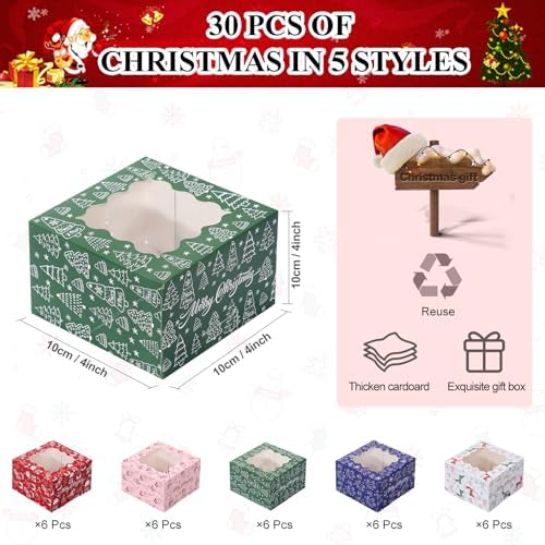 COTOPHER 30Pcs Christmas Cookie Boxes for Gift Giving,4x4x2.5 in Bakery Box