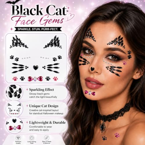 Voiiake Crystal Cat Face Gems Stickers, 2-Sheet Cat Print Gem Jewels, Black Cat Costume Women Accessories for Halloween Makeup