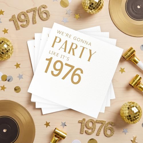 50th Birthday Cocktail Napkins Gold, 100 Pack We're Gonna Party Like It's 1976 Disposable Paper Beverage Cocktail Napkins for Women Her 50th Birthday Party Decorations, 5x5" (1976 Gold)