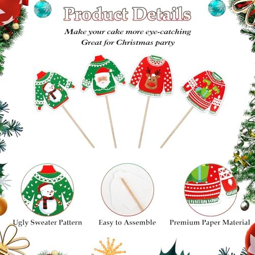 Ugly Sweater Cupcake Toppers, 40 PCS Christmas Ugly Sweater Cupcake Toppers Party Decorations, Christmas Holiday Cake Decoration Food Picks Topper for Xmas Birthday Holiday Party Decorations Supplies