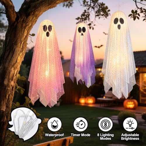 Halloween Decorations 3-Pack Hanging Ghost Lights Outdoor/Indoor
