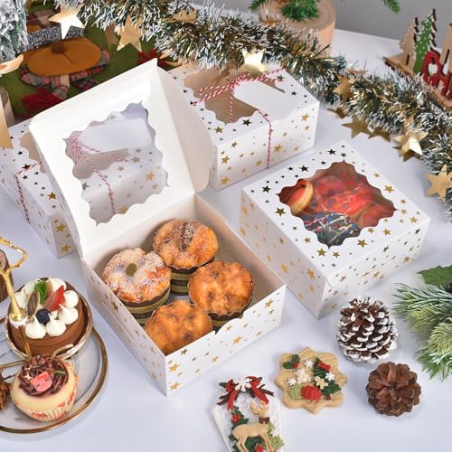 32Pcs 9x6x3 in Christmas Cookie Boxes with Window, White Gold-Star